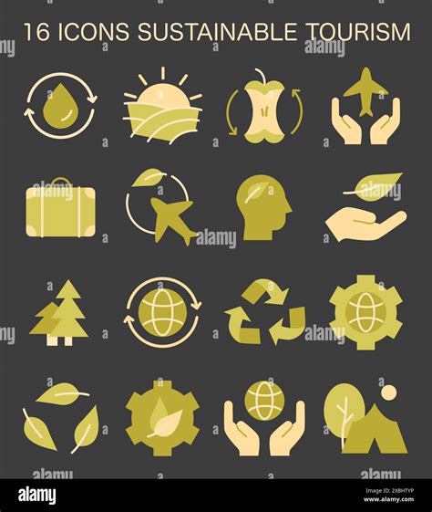 Sustainable Tourism Icons Dark Or Night Mode Set Symbols Of Ecotourism