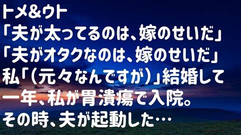 【スカッとする話】トメ＆ウト「夫が太ってるのは、嫁のせいだ」「夫がオタクなのは、嫁のせいだ」私「（元々なんですが）」結婚して一年、私が胃潰瘍で