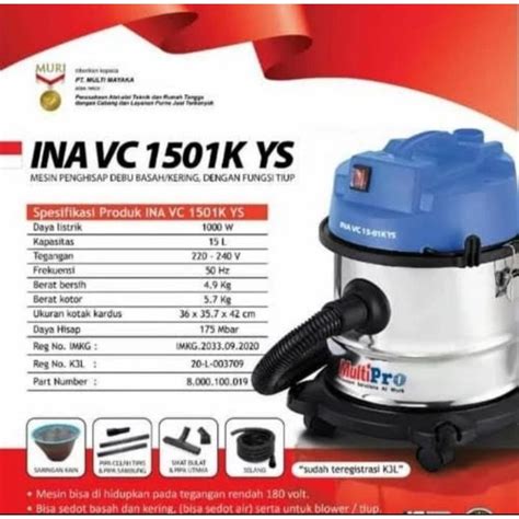 Jual MULTIPRO VACUUM CLEANER INA VC 1501K YS SEDOT DEBU 15 LITER BASAH