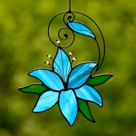 Stained Glass Suncatcher Glass Flower Lotus Window Hangings Etsy