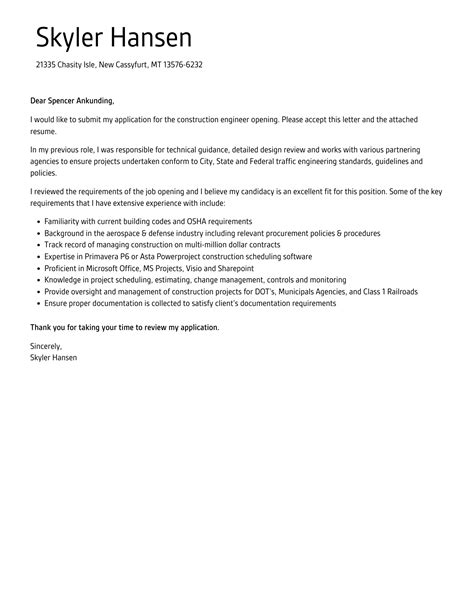 Construction Engineer Cover Letter Velvet Jobs