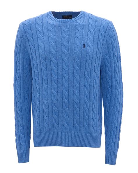 Polo Ralph Lauren Mens Cable Knit Jumper Sky Blue Ribbed Sweater