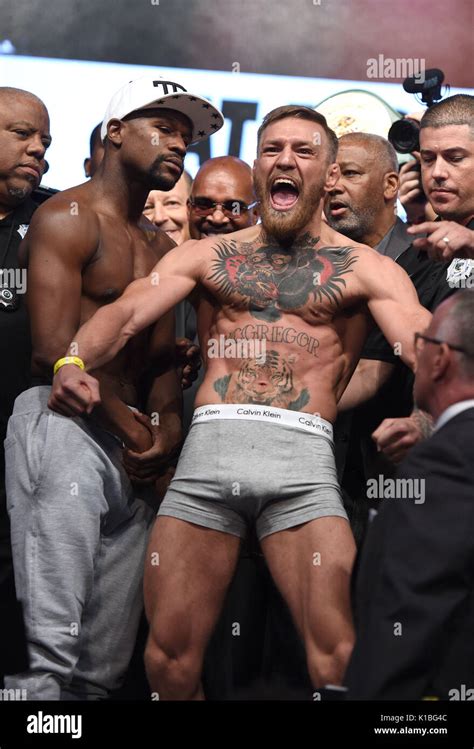 Floyd Mayweather Jr And Conor Mcgregor During The Weigh In At The T Mobile Arena Las Vegas