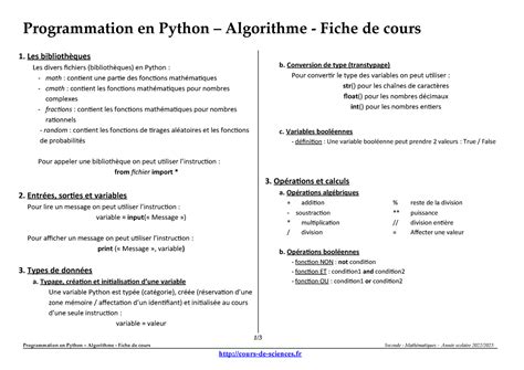 Python Algorithmes Programmation En Python Algorithme Fiche De