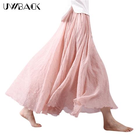 Uwback Linen Cotton Long Skirts Women Pleated Maxi Skirts Elastic Waist