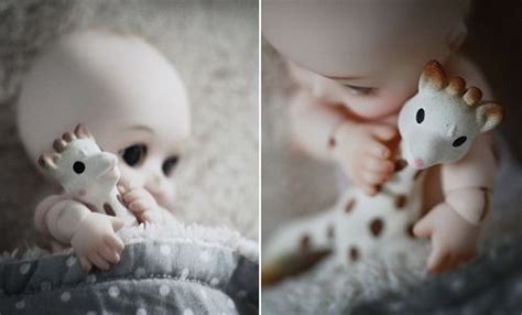 Two Pictures Of A Baby Holding A Toy Giraffe