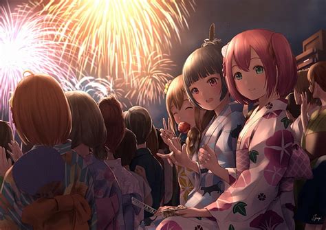 Anime Girls Festival Fireworks Kimono Friends Short Hair Anime