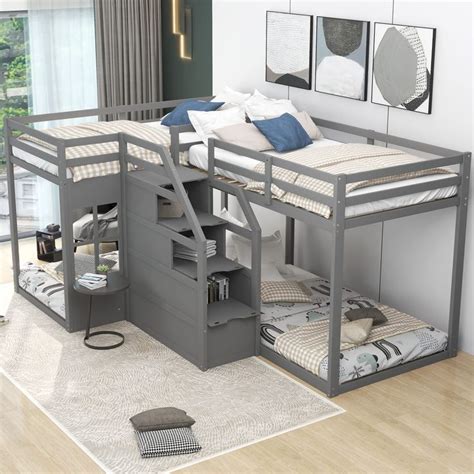 4-in-1 Gray L-Shaped Bunk Bed with Stairs