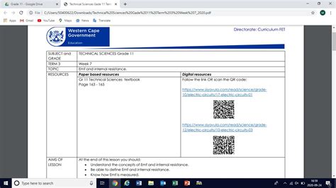 Technical Sciences Gr 11 T3 W7 Emf Internal Resistance WCED EPortal