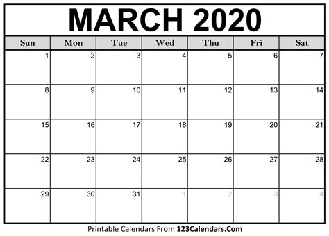 March 2020 Printable Calendar