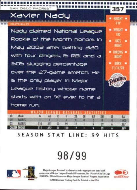 Padres Donruss Stat Line Season Xavier Nady Ebay