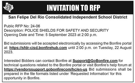 PUBLIC NOTICE - SAN FELIPE DEL RIO CISD INVITATION TO RFP FOR POLICE SHIELDS FOR SAFETY AND ...