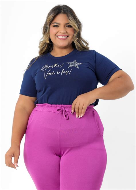 T Shirt Plus Size Brilhe Voce E Luz Estrela Com Strass Azul Marinho