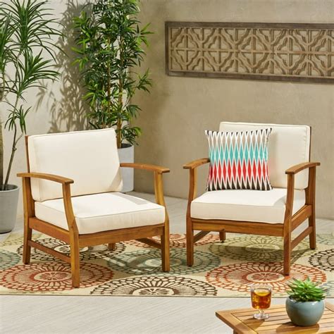 Outdoor Teak Finished Acacia Wood Club Chairs with Cushions, Cream ...