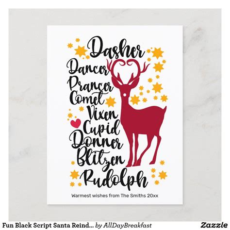 Fun Black Script Santa Reindeer Name Christmas Postcard Zazzle