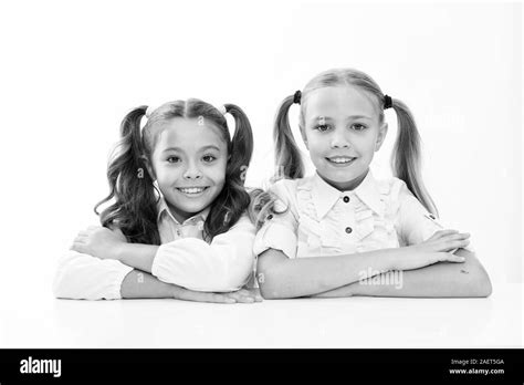 First Grade Schoolgirls Sit Desk White Background Schoolgirls