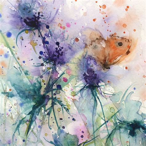 Contemporary Floral Art Print From Original Watercolour Butterfly On A