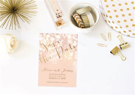 Printable Save The Date Invitation Gold And Blush Bokeh Save Etsy