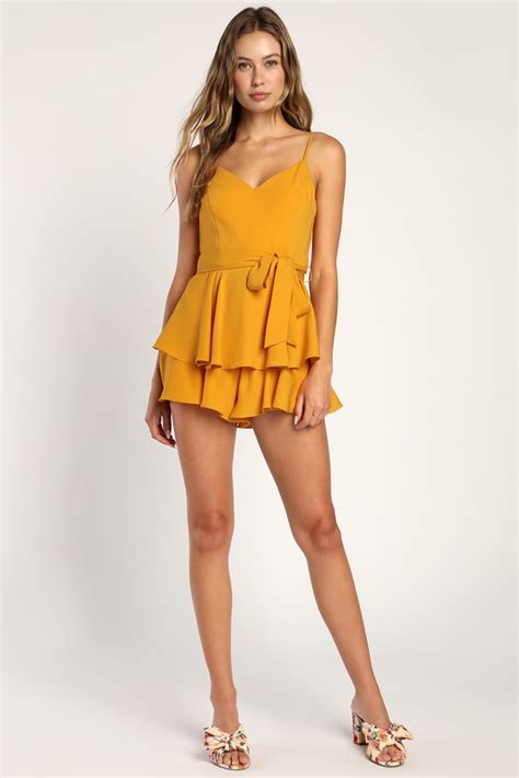 Mustard Yellow Romper Ruffled Romper Sleeveless Romper Lulus