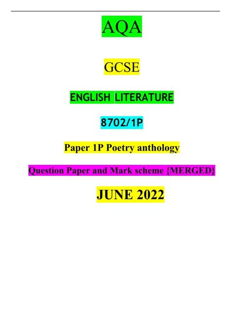 AQA GCSE English Literature Exam Paper 1P Poetry Anthology