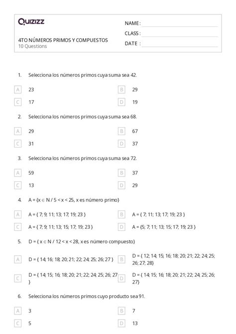 50 Números Primos Y Compuestos Hojas De Trabajo Para Jardín De