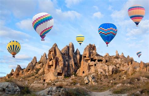 Colorful Hot Air Balloons Flying Over Cappadocia Turkey Stock Image Image Of Formation