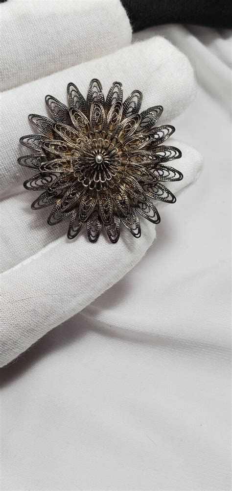 Antique Sterling Silver Filigree Cannetille Spun Wire Flower Brooch Pin