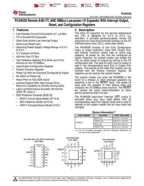 PCA95380 Datasheet Remote 8 Bit I2C AND SMBus Low Power I O Expander