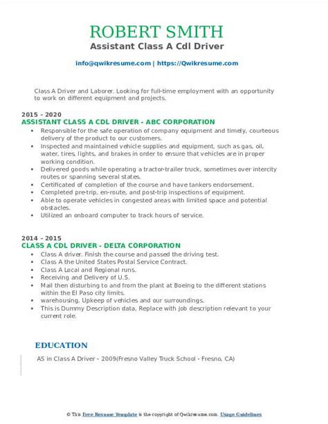 Class A Cdl Driver Resume Samples Qwikresume