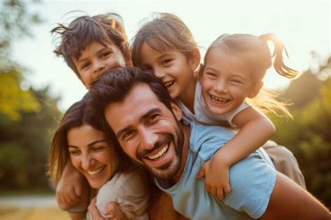 Un Padre Feliz Dando Paseos A Sus Hijos En La Espalda Foto Premium