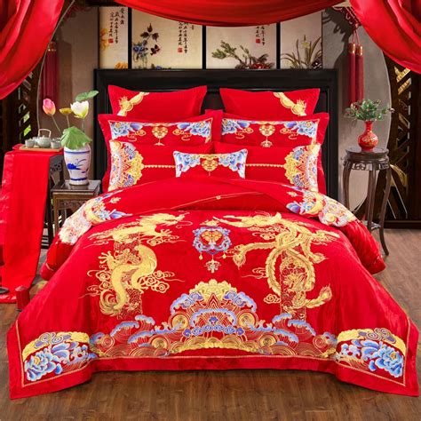 100 Cotton Luxury Red Wedding Bedding Set Golden Phoenix Dragon