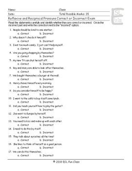 Reflexive Reciprocal Pronouns Correct Incorrect Exam TPT