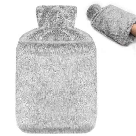 Jsdoin L Hot Water Bottle With Luxury Faux Fur Cover Grey For Neck Shoulder Pain Hand
