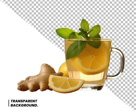 Premium PSD Psd Glass Cup Of Hot Ginger Tea With Ginger Root And Slices Isolated