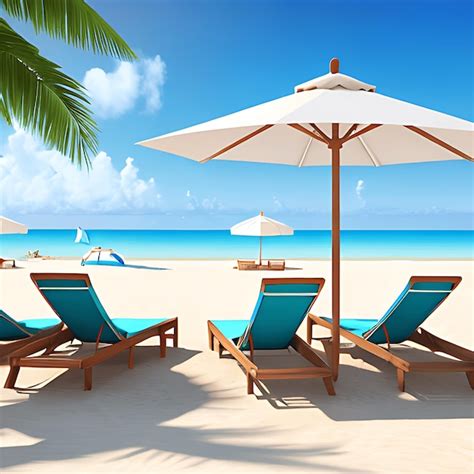 Premium AI Image Sea Beach Chairs And Umbrella Background