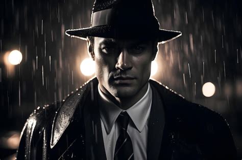 Retrato de película negra de un detective de los años 40 parado bajo la