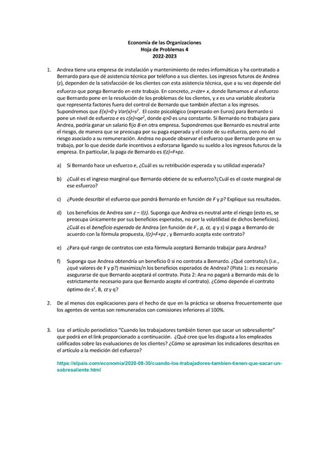 Hoja De Problemas Econom A De Las Organizaciones Hoja De Problemas