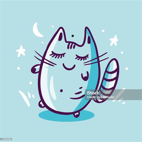 Cute Sleep Cat Cartoon Style Hand Drawn Vector Illustration Isolated On Background Stock