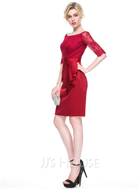 Sheath Column Off The Shoulder Knee Length Satin Lace Cocktail Dress