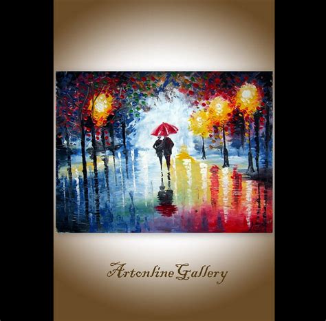 Rain Oil Painting A Couple Walking In The Night Original