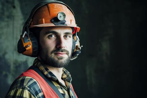 Premium Photo Portrait Of A Lumberjack With Helmet And Ear Protection