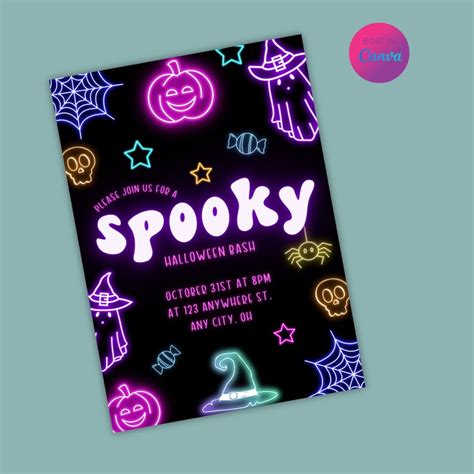 Editable Halloween Invitation Halloween Birthday Invitation Retro Neon Halloween Invite