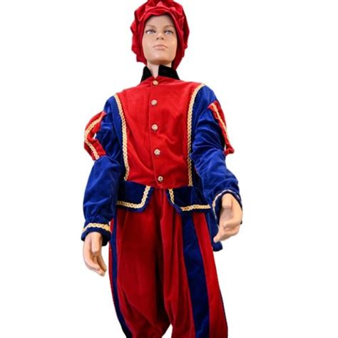 Piet Roetveeg Piet Fluwelen Kostuum In Rood Blauw Met Goud Band