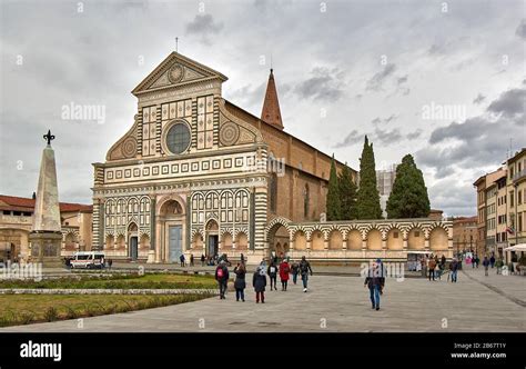 Florence Italy Church Santa Maria Novella Exterior With Visitors In The