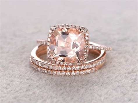 3pc 9x9mm Morganite Engagement Ring Set Rose Gold Thin Pave Diamond