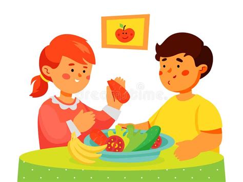 Niños Comiendo Frutas Y Verduras Ilustración De Diseño Plano Colorido