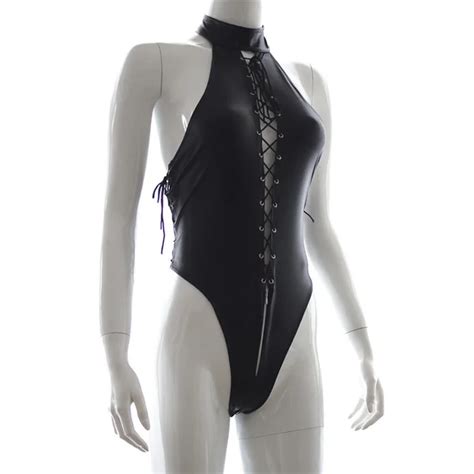 Women Wetlook Faux Leather One Piece Bandage Sleeveless Backless Leotard Bodysuit Sexy Back