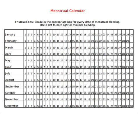 Printable Menstrual Cycle Calendar