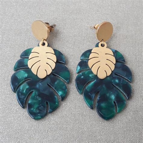 Boucles D Oreilles Feuilles De Bananier Ac Tate Caille De Tortue Vert