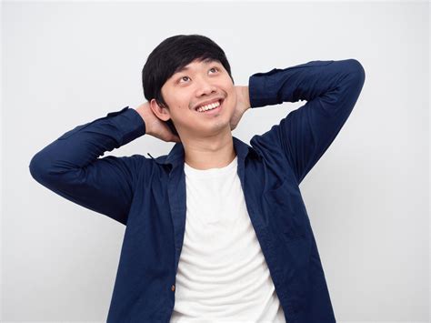 Portrait Asian Man Feeling Relax Show Hand At His Face With Happy Smile